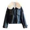 Women’s Black Genuine Sheepskin Detachable Sherpa Shearling Faux Fur Collar Bomber Oversized Winter Warm Leather Jacket