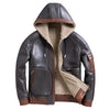 Men’s Brown Bomber Winter Warm Genuine Sheepskin Faux Fur Hooded  Leather Jacket