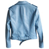 Women’s Sky Blue Biker Genuine Sheepskin Lapel Collar Café Racer Asymmetric Belted Crossover Slim Fit Leather Jacket