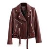 Women’s Wine Red Biker Genuine Sheepskin Lapel Collar Punk Slim Fit Streetwear Office Lady Asymmetric Riding Leather Jacket