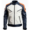 Men’s White Blue Genuine Sheepskin Stand Collar Zip-up Biker Racer Soft Winter Fashionable Moto Biker Leather Jacket