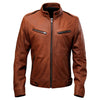 Men’s Distressed Brown Genuine Sheepskin Stand Collar Vintage Biker Casual Comfortable Cafe Racer Sports Leather Jacket