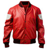 Men’s Red Genuine Sheepskin Baseball Collar Classy Sportswear Bomber Leather Jacket